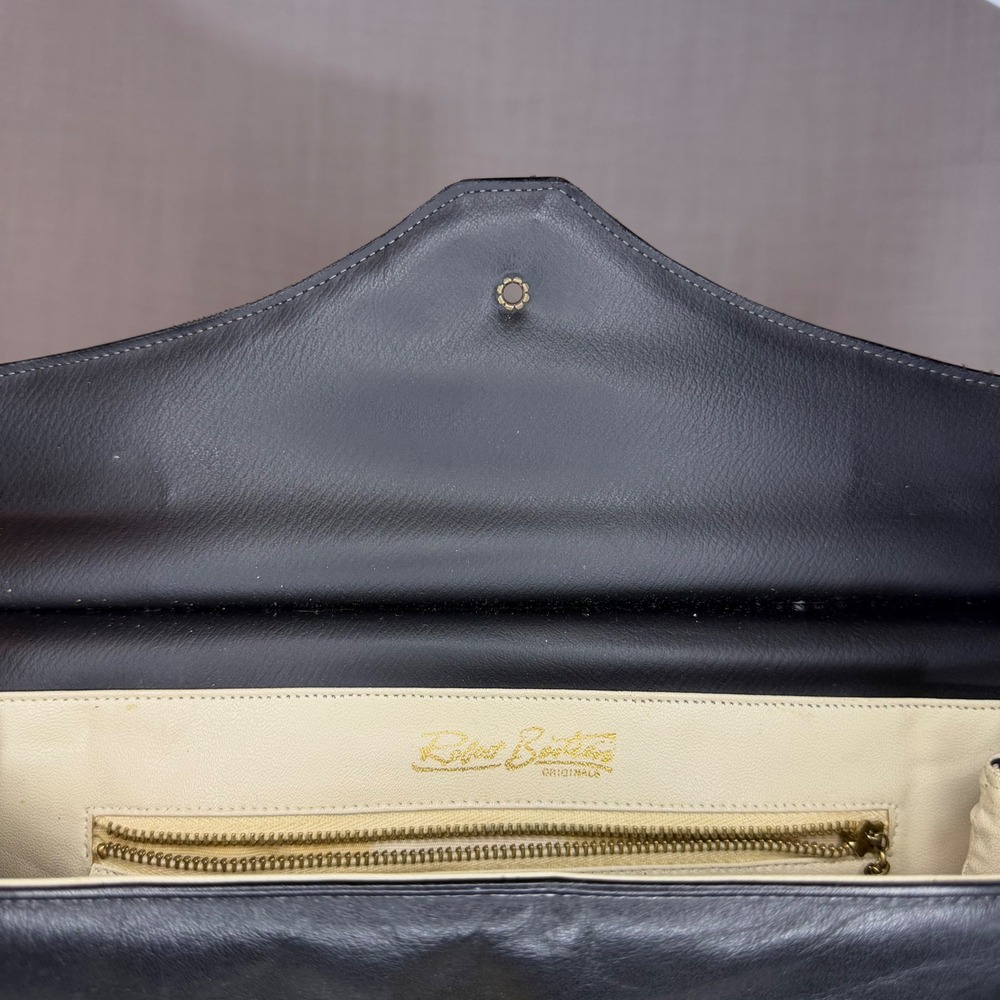 Vintage Black Leather Frame Handbag Gold Hardware Top Handle Shoulder Bag - Picture 9 of 12